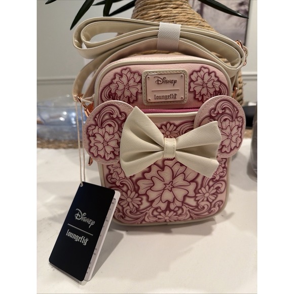 Loungefly Handbags - NEW Loungefly Disney Minnie Mouse Embossed Floral Ears Pink Crossbody Bag Purse